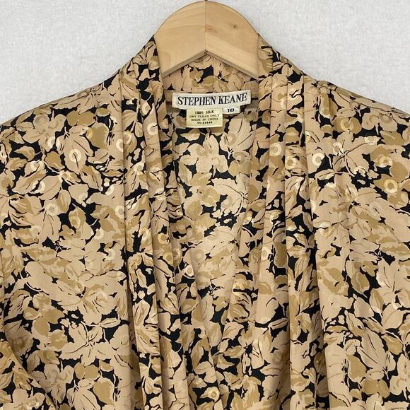 STEPHEN KEANE Blouse 10 Pleated Silk V-neck Floral Long Sleeve VTG Beige - Picture 3 of 11